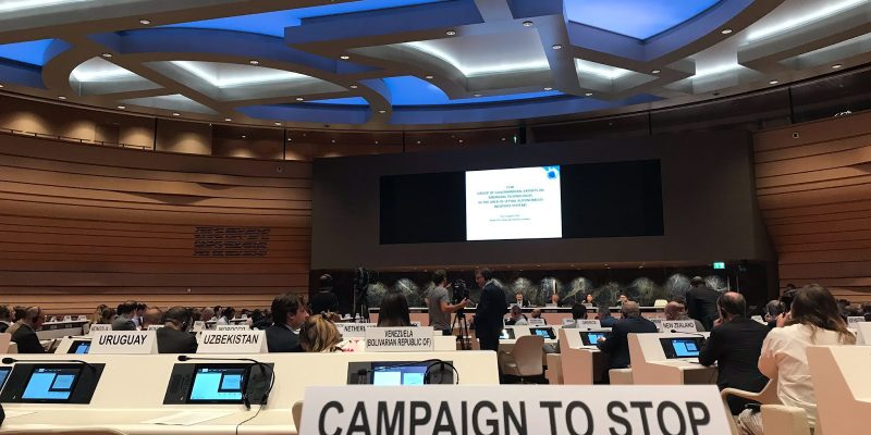 Picture taken from the Campaign to Stop Killer Robots nameplate at the Group of Governmental Experts meeting at the UN in Geneva in 2019.